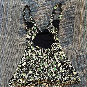 Free People Black and Green Open Back Floral Mini Dress